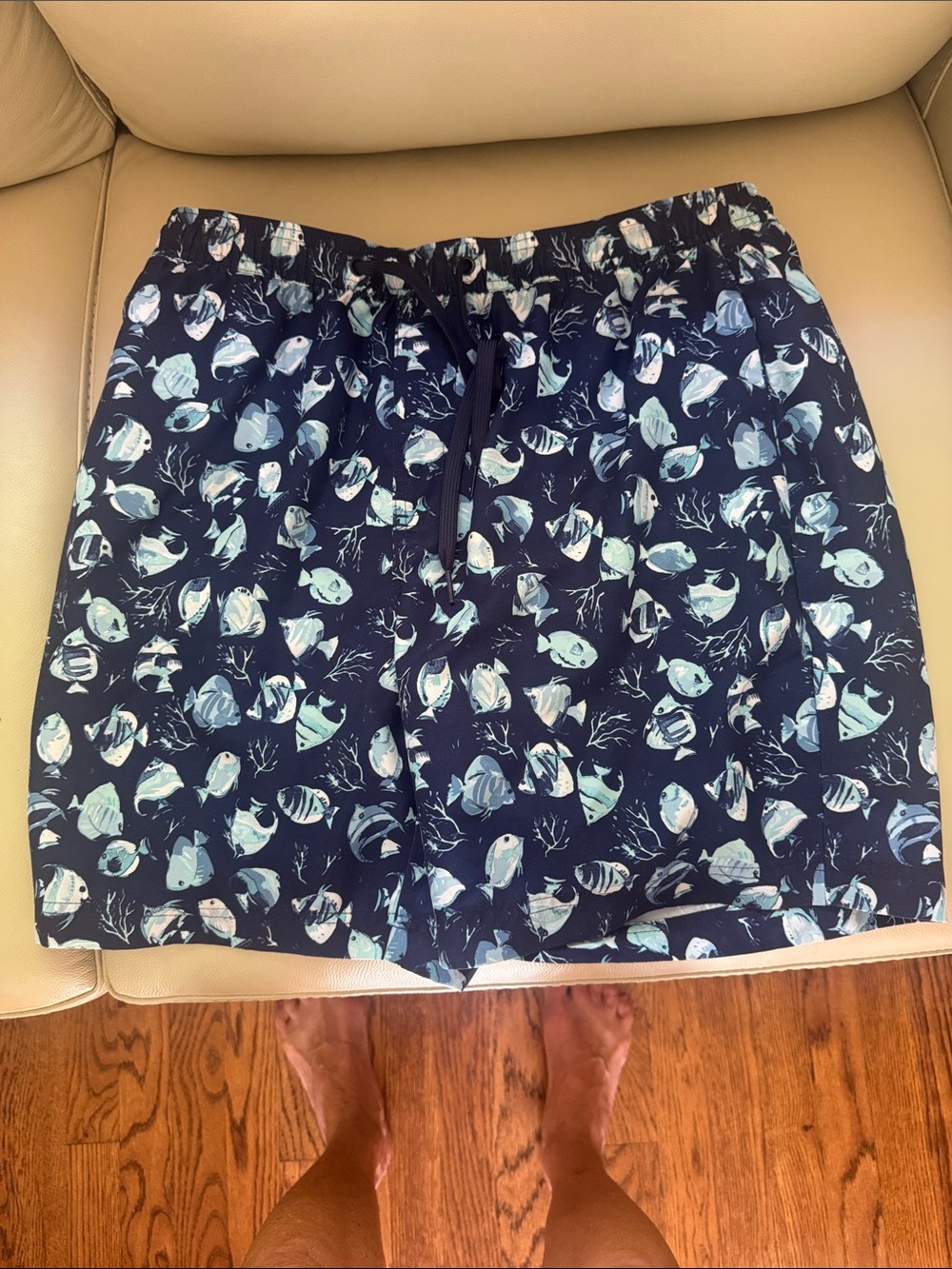 Men’s Southern Proper Navy & Light Blue Tropical-Print Swim Trunks Sz med